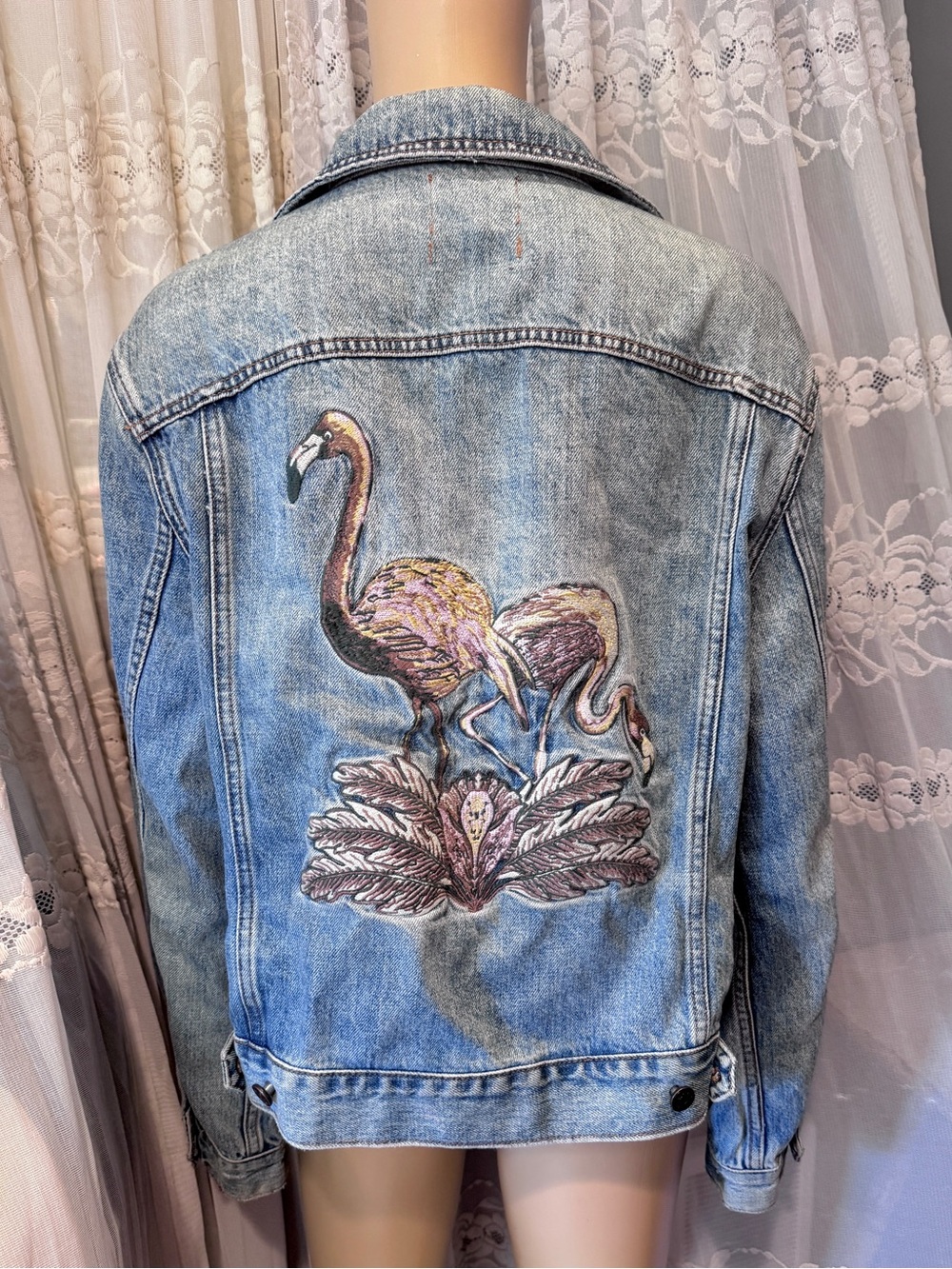 Denim Jacket with Embroidered Flamingo Back